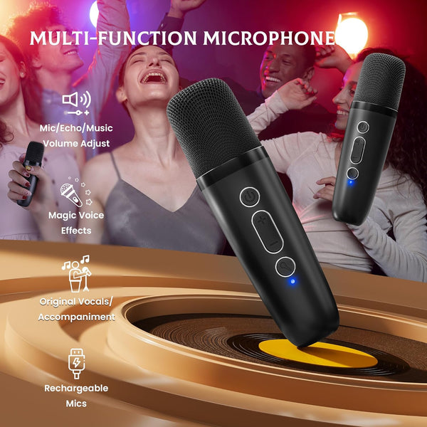 IROO Mini Karaoke Machine for Kids Adults(Karafun Premium), Portable MP3 Player with 2 Wireless Mics and Party Lights for Smartphones, Birthday
