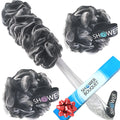 SHOWER BOUQUET Loofah-Charcoal Back-Scrubber & Bath-Sponge Set // 1 Long-Handle-Back-Brush Plus 2 Extra Large 75g Soft Mesh Loofa-Lufa-Loufa Puff