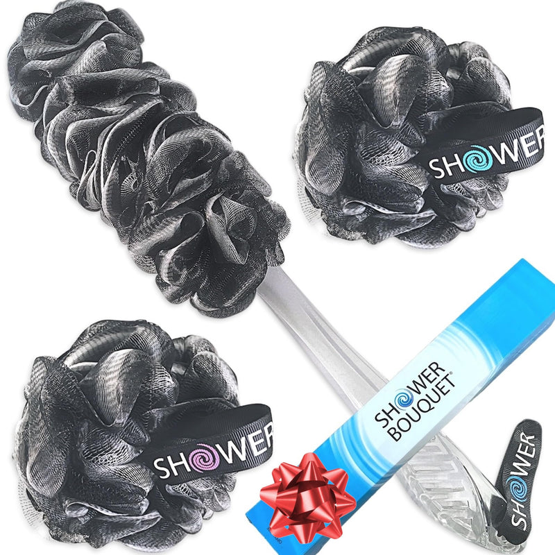 SHOWER BOUQUET Loofah-Charcoal Back-Scrubber & Bath-Sponge Set // 1 Long-Handle-Back-Brush Plus 2 Extra Large 75g Soft Mesh Loofa-Lufa-Loufa Puff