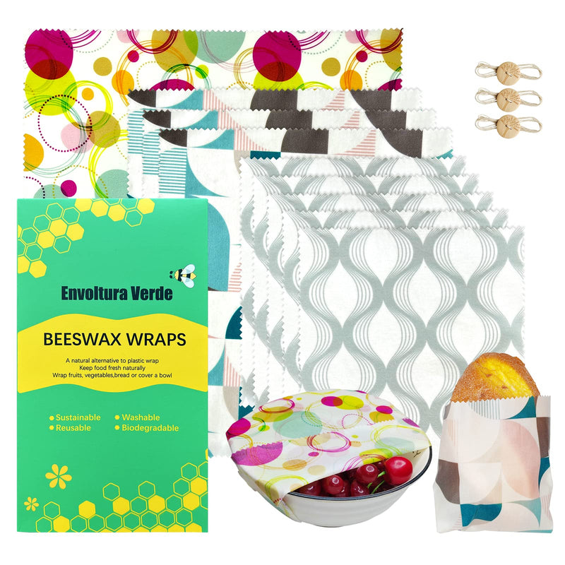 9Pcs Eco Friendly Reusable Sustainable Food Storage Beeswax Wraps, Bread Fruit Cheese Pack Lunch Containers, Kitchen Organizer for Food Storage,