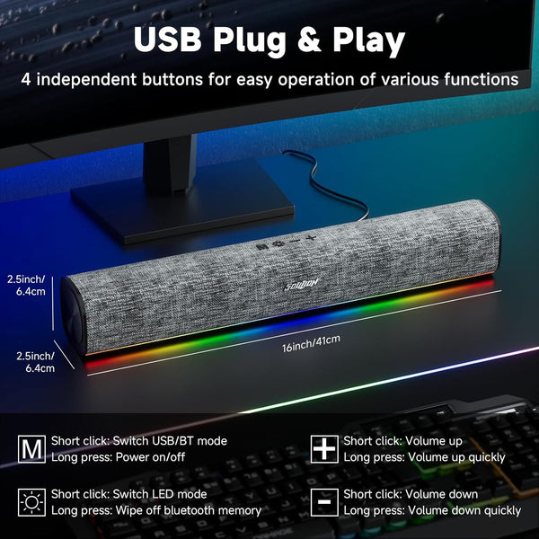 SOULION R100 Bluetooth Computer Speakers with Dynamic LED Light, USB Plug & Play PC Speakers with Switch Button, Clearly Sound Soundbar for