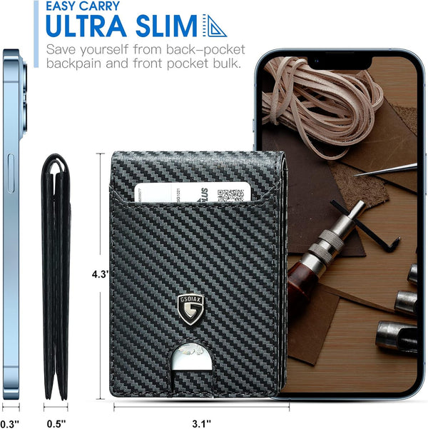 GSOIAX Mens Slim Wallet RFID Blocking Bifold Wallets for Men Minimalist Genuine Leather Carbon Fiber Card Holder Money Clip Thin Mens with Gift