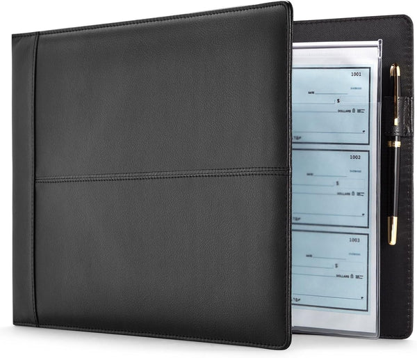 7-Ring Business Check Binder for Checkbooks Organization, Financial Records, Personal and Corporate Use, Black Faux Leather Folder for 600 Checks