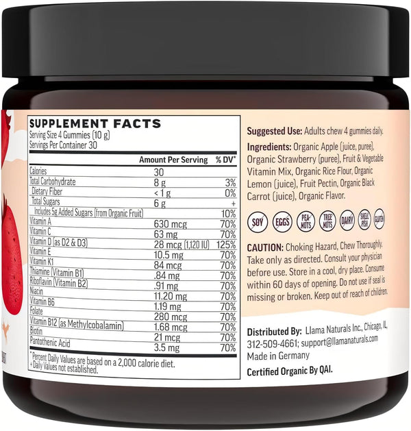 Llama Naturals Multivitamin for Women, Vegan, Organic Gummies with Vitamin D, C and K, Women'S Real Fruit Gummy Vitamins, Chewable Multivitamin