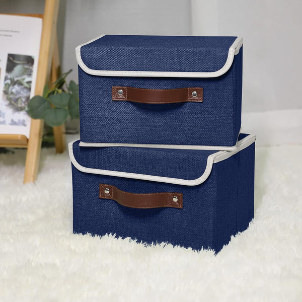 ANMINY 2PCS Storage Bins with Lid PU Leather Handles Storage Boxes PP Plastic Board Decorative Foldable Lidded Cotton Linen Fabric Home Cubes