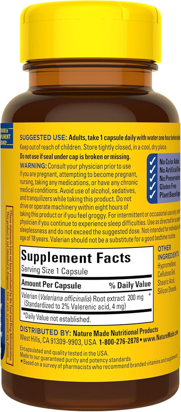 Nature Made Valerian Root for Sleep Support, Melatonin Free Sleep Aid for Adults, 30 Valerian Root Capsules, 30 Day Supply