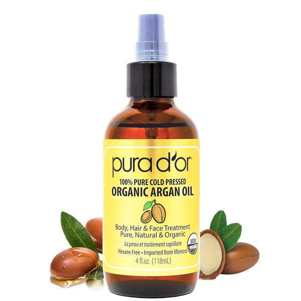 PURA D'OR 4 Oz ORGANIC Moroccan Argan Oil - USDA Certified 100% Pure & Cold Pressed Virgin Premium Grade Natural Moisturizer Treatment for Dry,
