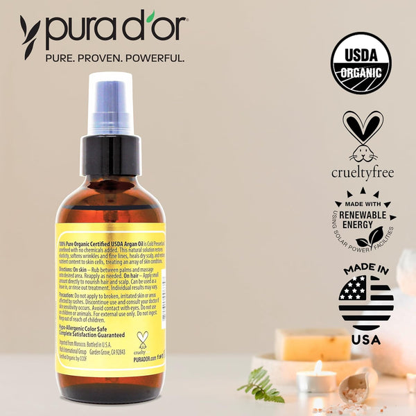 PURA D'OR 4 Oz ORGANIC Moroccan Argan Oil - USDA Certified 100% Pure & Cold Pressed Virgin Premium Grade Natural Moisturizer Treatment for Dry,