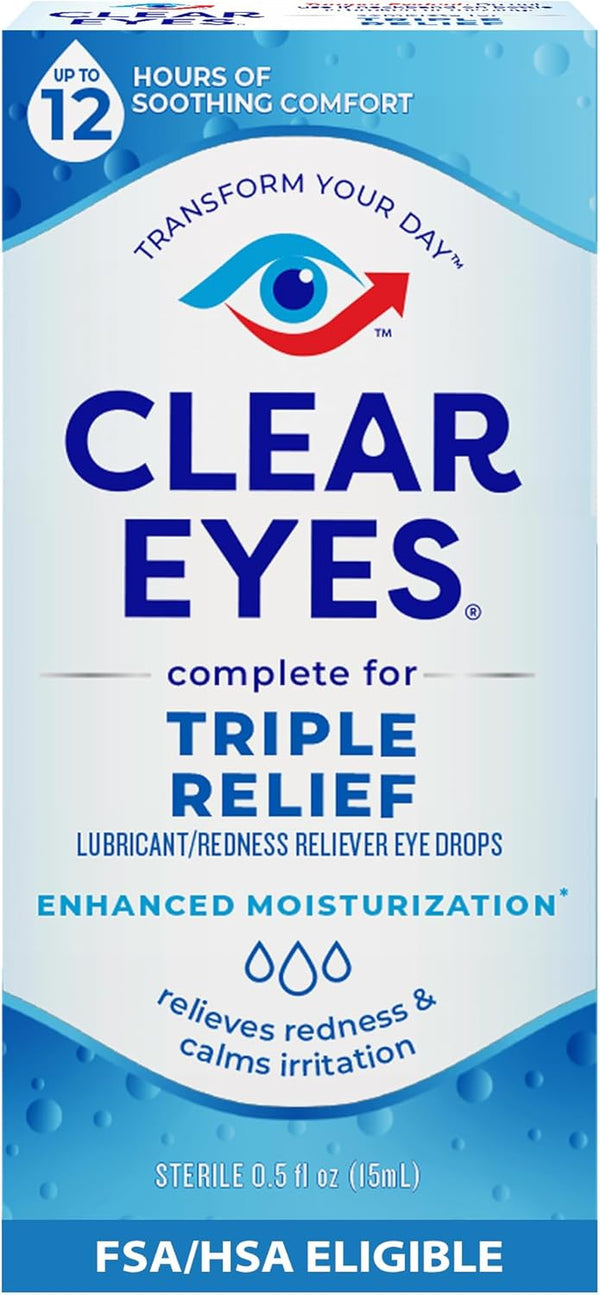 Clear Eyes Triple Relief Eye Drops, Relieves Redness & Calms Irritation, 0.5 Fl Oz