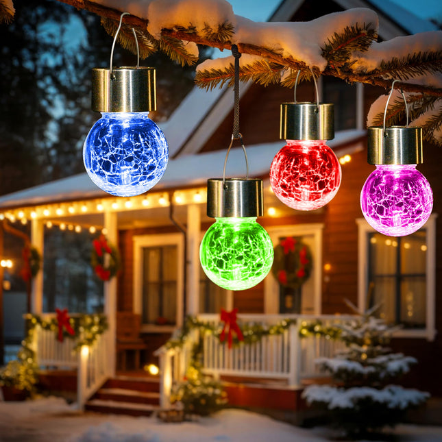 GIGALUMI 8 Pack Solar Hanging Lights, Christmas Decoration Lights with Multi-Color Changing Cracked Glass Hanging Ball S
