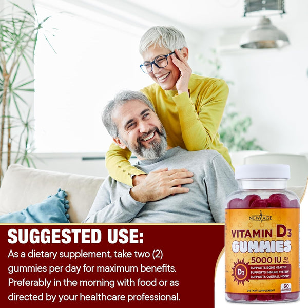 NEW AGE Vitamin D3 5000 IU 125mcg Gummies - Immune Supplement - Non-GMO, Gluten-Free, Dairy-Free, No Gelatin (120 Gummies (Pack of 2))