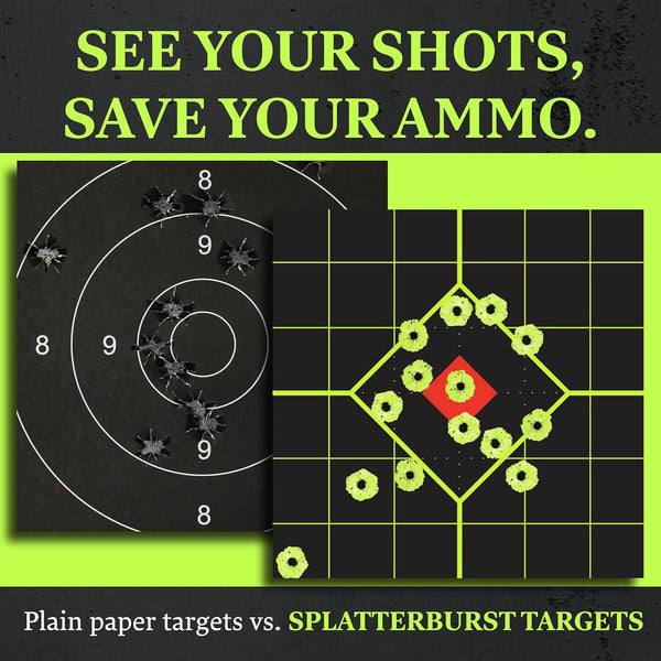 Splatterburst Targets - 12 X 12 Inch Sight in Stick & Splatter Self Adhesive Shooting Targets - Shots Burst Bright Fluorescent Yellow - Great for