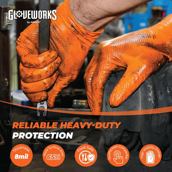 GLOVEWORKS HD Orange Nitrile Gloves, 8 Mil, Disposable, Raised Diamond Texture, Mechanic Gloves