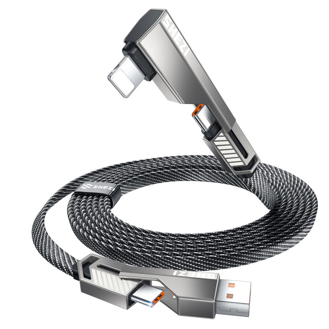 4-In-1 USB C Cable 5FT Lightn-Ing Cable 90 Degree Fast Charging Flat Nylon Braided for Iphone/Ipad Charger Cord Multi Ch