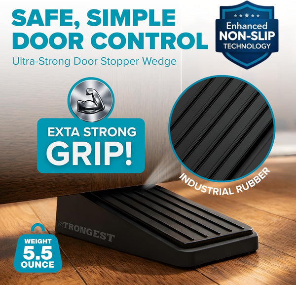 Strongest Home Door Stopper, Heavy Duty Door Stop Wedge Made of Premium Quality Zinc and Rubber Suits Any Door, Any Floor. plus 2 Self Adhesive