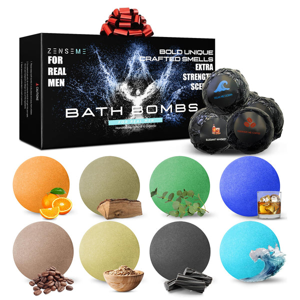 Bath Bombs for Men - Gift Set of 8 Scented Organic Handmade Bath Bombs of 2.5 oz with Natural Essential Oils, Unique Strong Manly Scents, for