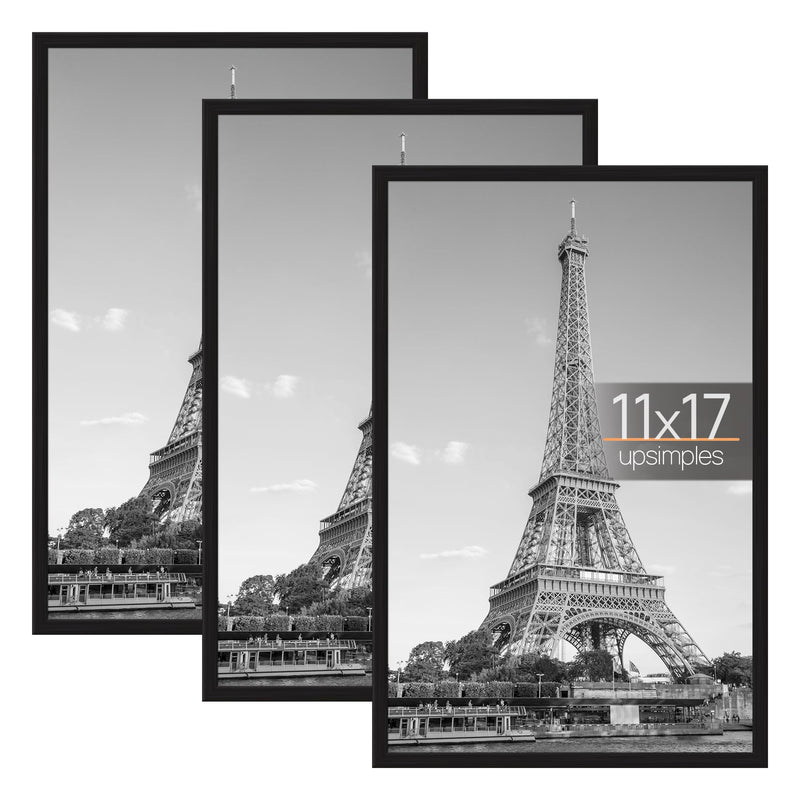 Upsimples 11X17 Picture Frame Black 3 Pack, Scratch-Proof 11 X 17 Poster Frames for Photo Gallery - Slide-In Strips, Horizontal or Vertical Wall