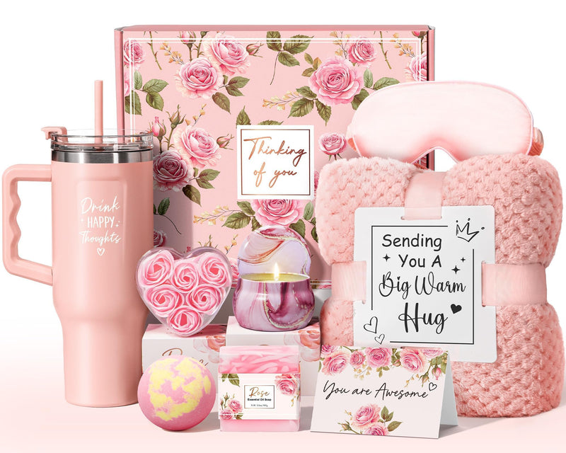 Birthday Gifts for Women Self Care Gifts Get Well Soon Gifts, Rose Relaxing Spa Gifts Basket Care Package W/ Luxury Flannel Blanket 40 Oz Tumbler,