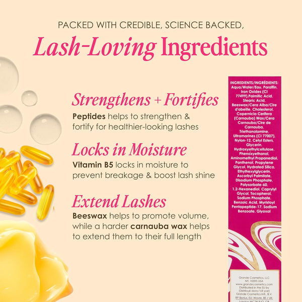 Grande Cosmetics GrandeMASCARA Conditioning Peptide Mascara – Buildable Extreme Volume & Length – Long-Lasting & Clump-Free Black – Lash &