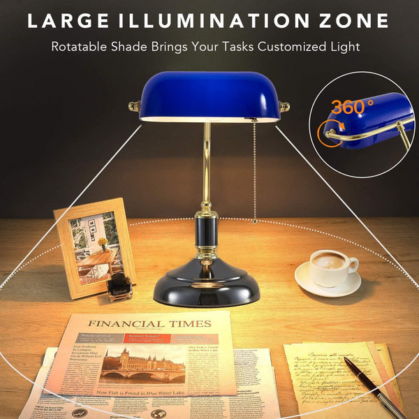 Traditional Bankers Lamp, Black Lamp Shade,With Pull Chain Switch Plug in Fixture,Vintage Office Table Light, Antique Style Desk Lamps for Office,