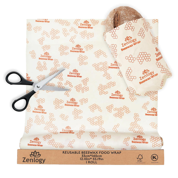Zenlogy Reusable Beeswax Food Storage Wrap, Eco Friendly Alternative, Sustainable Organic Cut to Size Cotton Beeswax Wraps, 1 Roll, 13In X 55In