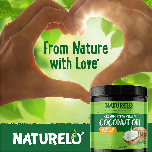 NATURELO Coconut Oil - Multi-Purpose Extra Virgin Coconut Oil for Skin, Organic Coconut Oil for Cooking, Unrefined Coconut Oil for Hair 32 Oz