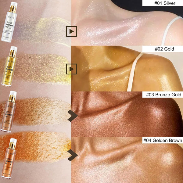 Shimmer Oil 100ml, Moisturizing Long Lasting Body Luminizer Face Brighten, Waterproof Liquid Illuminator Glow, Glitter Oil Highlighter Summer