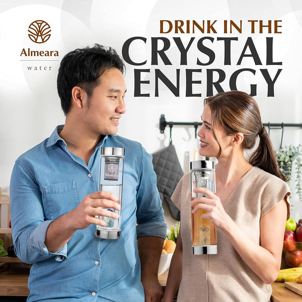 Almeara Crystal Water Bottle with Authentic Lapis Lazuli, Opal Stones & Aquamarine Removable Gemstones, Loose Leaf Tea Infuser - Relaxation,