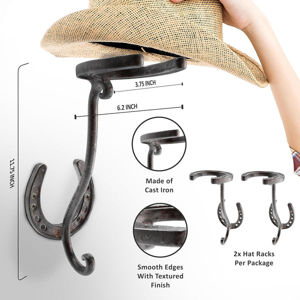 Cowboy Hat Rack - Set of 2 Decorative Wall-Mounted Holder - Heavy-Duty Iron Hanger and Organizer DIY Kit for Hats, Coats and Keys - Rustic Western