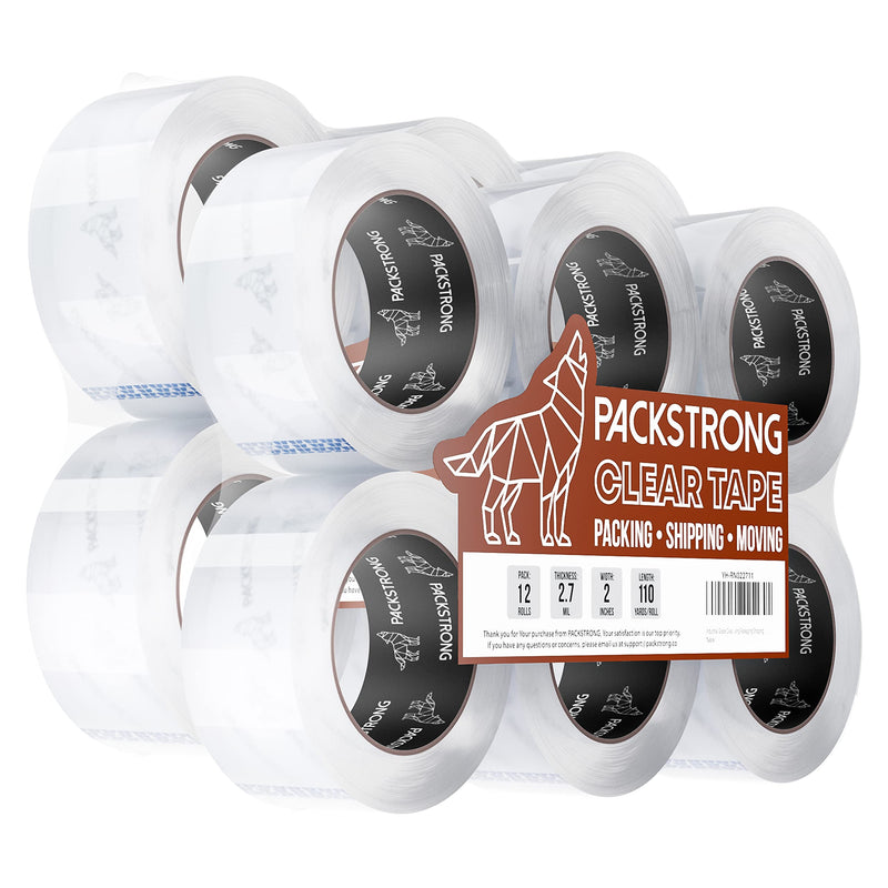Industrial Grade Clear Packing Tape 12 Rolls - Extra Long 110 Yards per Roll - 2" Wide X 2.7 Mil Thick, Acrylic Adhesive Heavy Duty Tape for Box
