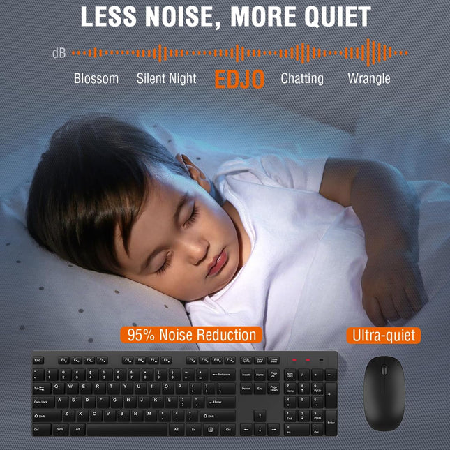 Wireless Keyboard and Mouse Combo, EDJO Silent Full Size Cordless USB Keyboard Mouse, 2.4Ghz Lag-Free, Long Battery Life