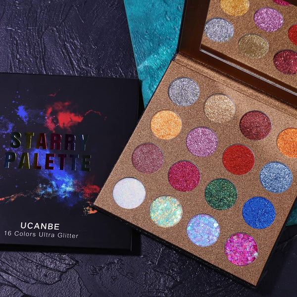UCANBE Pro Glitter Eyeshadow Palette - Professional 16 Colors - Chunky & Fine Pressed Glitter Eye Shadow Powder Makeup Pallet Highly Pigmented