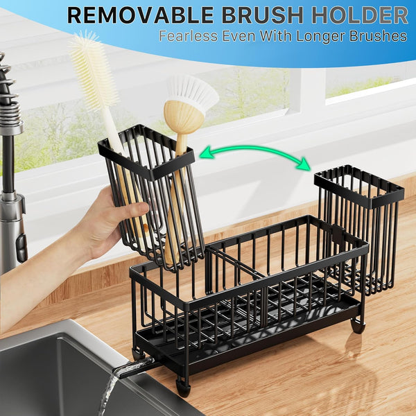 Cisily Black Sponge Holder for Kitchen Sink, Sink Caddy Organizer with High Brush Holder, Kitchen Countertop Organizers and Storage Essentials,
