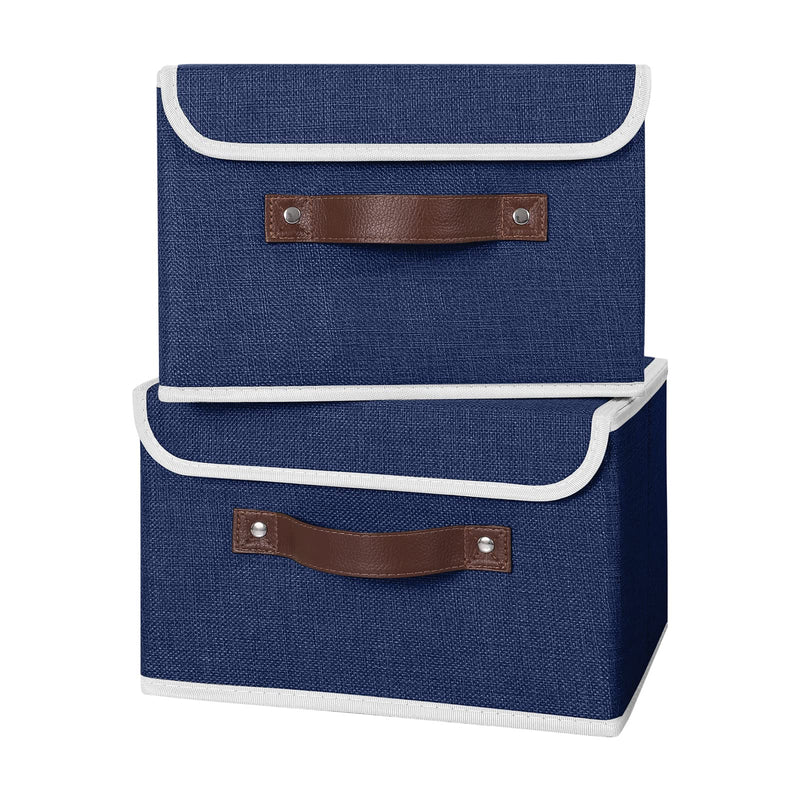 ANMINY 2PCS Storage Bins with Lid PU Leather Handles Storage Boxes PP Plastic Board Decorative Foldable Lidded Cotton Linen Fabric Home Cubes