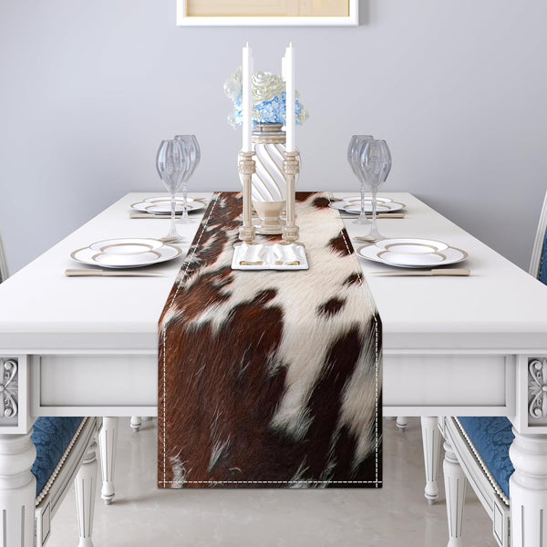 Linen Cow Print Table Runner 13X71 Inch Farmhouse Western White Brown Cowhide Runners Table Decorations Rustic Coffee Table Runner for Home