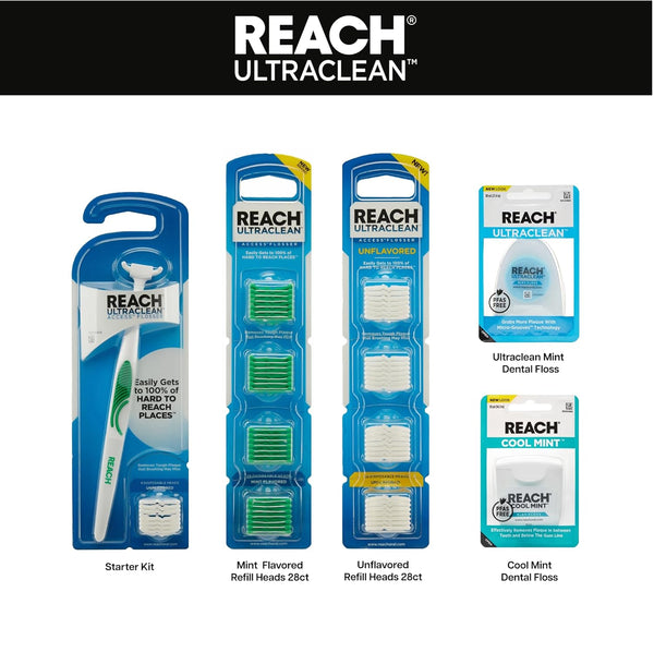 REACH Ultraclean Access Flosser Starter Kit, Unflavored, Plaque Remover for Teeth, for Hard to Reach Areas, Oral Care, PFAS Free, 1 Replaceable
