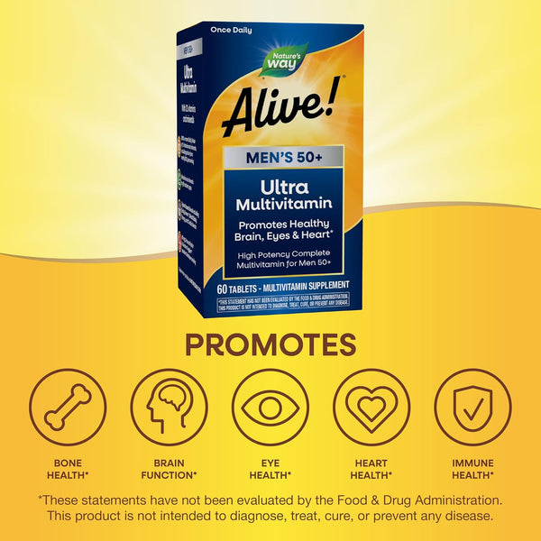Nature's Way Alive! Men’s 50+ Daily Ultra Multivitamin, High Potency Formula, Supports Healthy Brain, Eyes & Heart*, with Methylated B12,
