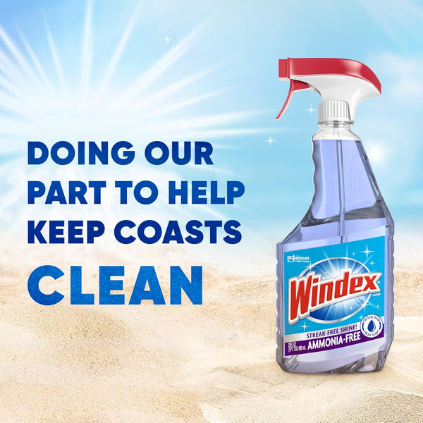 Windex Glass and Window Cleaner Spray Bottle, Ammonia Free, Bottle Made from 100% Recovered Coastal Plastic, Surface Cleaning Spray, Crystal Rain