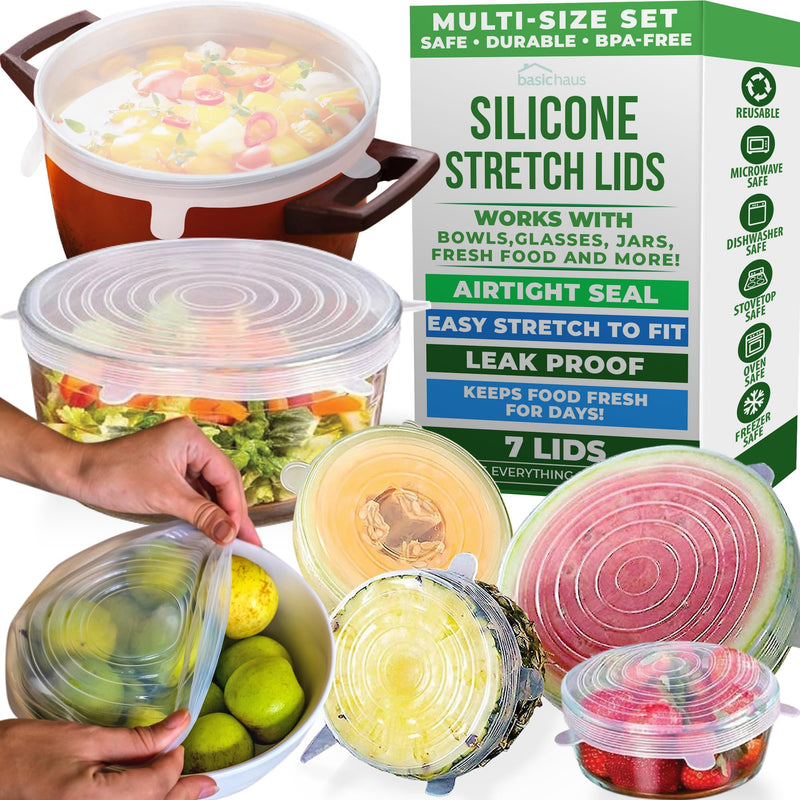 Reusable Silicone Stretch Lids for Food Storage in Fridge - Elastic Heat-Resistant Bowl Covers, Cups, Cans, Jars - Universal Food Grade Lid for