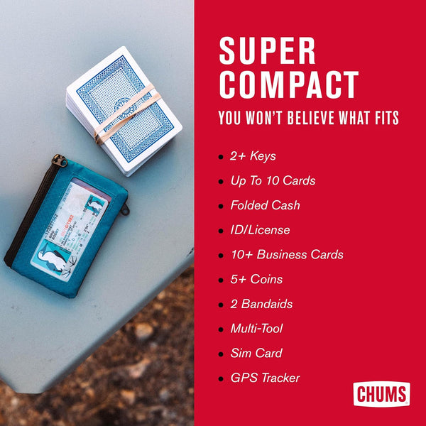 Chums Surfshorts Wallet - Lightweight Slim Wallet with RFID Blocking Card & Clear ID Window - Zippered, Minimalist Wallet w/Key Ring - Solid