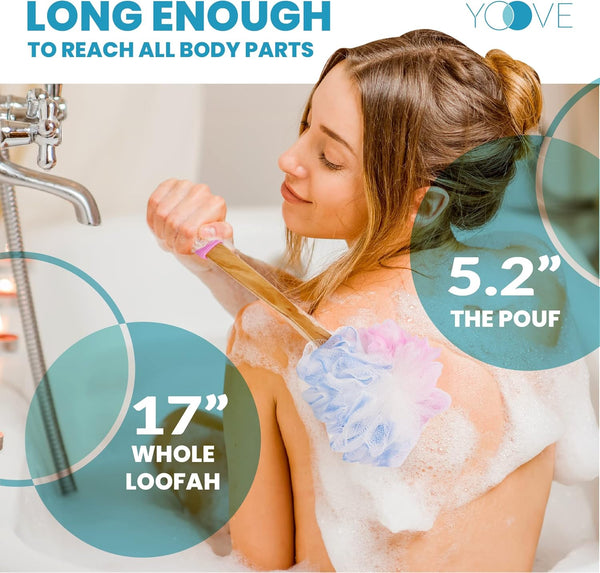 Yoove Loofah Back Scrubber W/Bamboo Charcoal Fiber Infused Bath Sponge, Wooden Handle, Luffa Pouf, Sponge Stick & Hanging Hook for Men & Women,