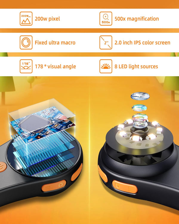 Digital Microscope Handheld 2.0 Inch IPS Color Screen,Portable Digital Magnifying Glass 500X,Marco Microscope for Kids,Built-In 8LED Lights,Usb