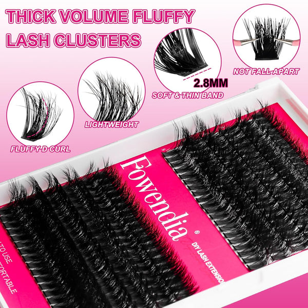 Fowendia Lash Clusters Kit Fluff 80D 100D Individual Lashes D Curl Cluster Eyelash Extensions 10-18mm DIY Lash Extension Kit Lash Bond and Seal