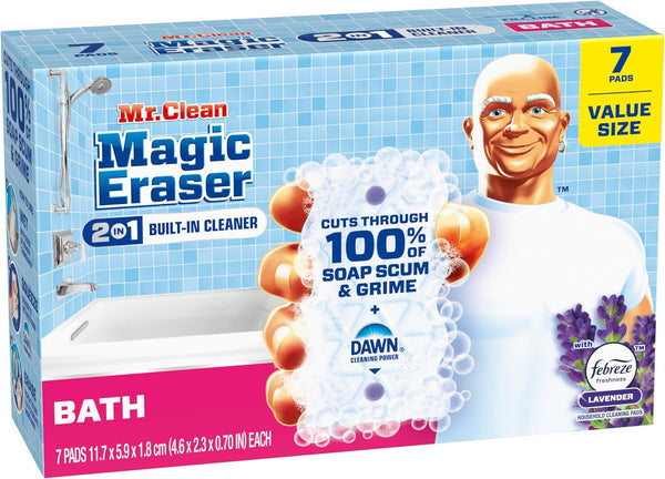 Mr. Clean Magic Eraser Sponge, Bathroom Cleaner, Soap Scum Shower & Tub Cleaner, 2 in 1 Bath, 7Ct