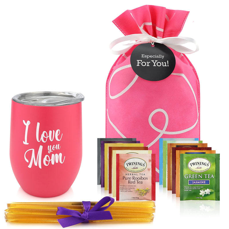 Gifts for Mom - Tea Lovers Gift Basket, Set Includes Temperature Retention Cup 12 Special Blend Teabags & Honey Presented in Beautiful Gift Bag