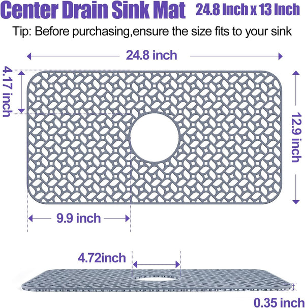 JUSTOGO Silicone Sink Protector, Non-Slip Heat Resistant Kitchen Sink Mat Grid Accessory, Center Drain (24.8"X 13"), Grey