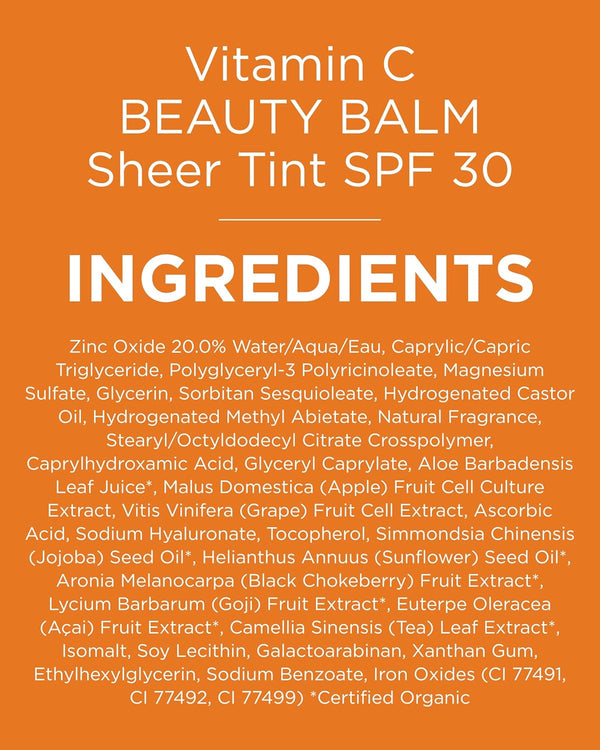 Andalou Naturals Vitamin C BB Beauty Balm Sheer Tint SPF 30, 2-In-1 BB Cream & Face Sunscreen with Broad Spectrum Protection, Mineral Sunscreen
