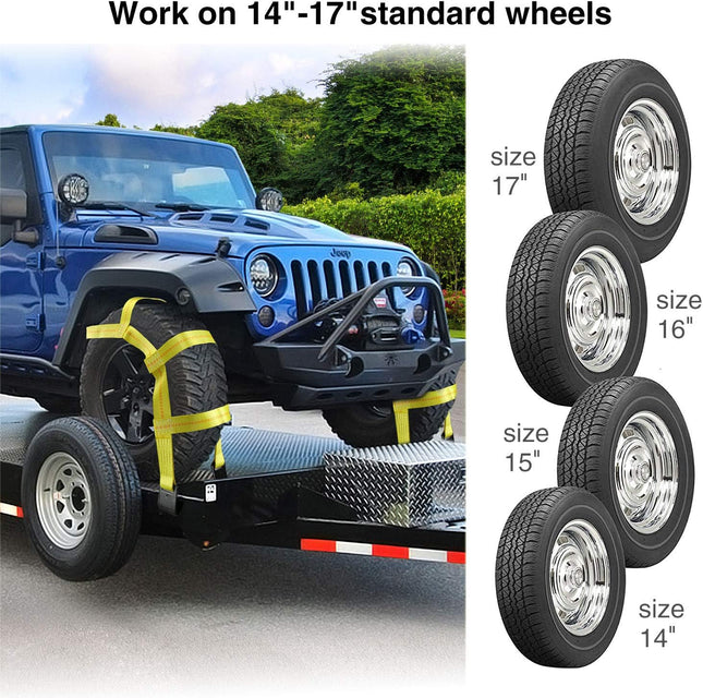Trekassy Tow Dolly Straps for Car with Flat Hooks-2 Pack, Heavy Duty Car Tire Bonnet Net Fits 14"-17" Tires, 10, 000 Lbs
