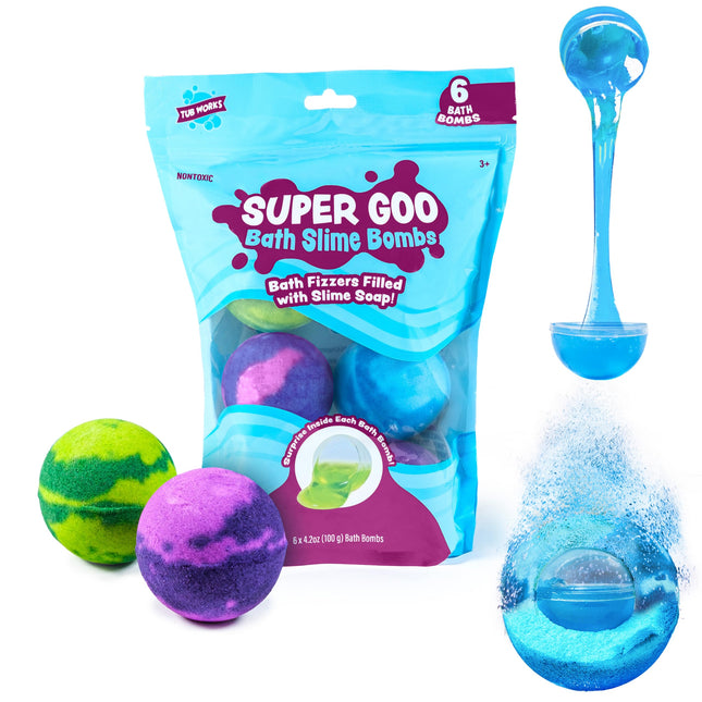 Super Goo Bath Slime 'Surprise' Bombs, 6 Pack | Kids Bath Bombs with Surprise inside | Nontoxic | Stretchy, Squishy Slim