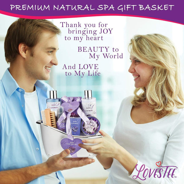 Monthers Day Gifts, Relaxing Lavender Spa Gift Baskets for Wome Birthday, Bath and Body Set-Kit Includes Candle, Essential Oil, Body Scrub, Bath